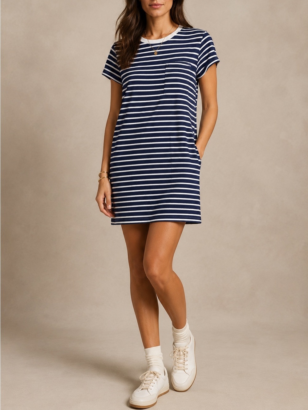 Banana Republic Navy White Stripe T-Shirt Dress L Pocket Nautical Preppy Casual